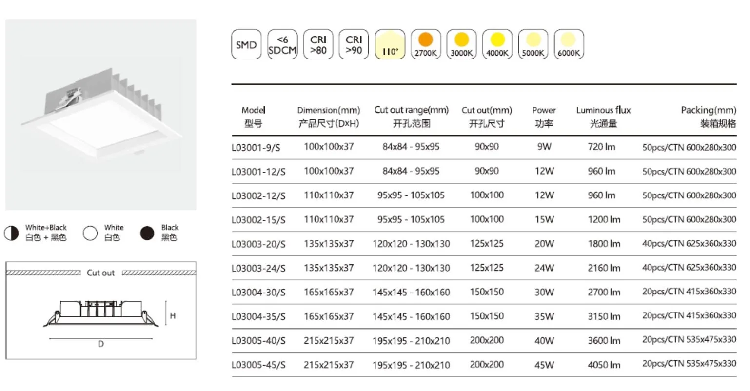 Wholesale Smart Control Rectangular Led Ceiling Light Square Frame 9W 12W 15W 20W 24W 30W 35W 40W 45W SMD Recessed Downlight