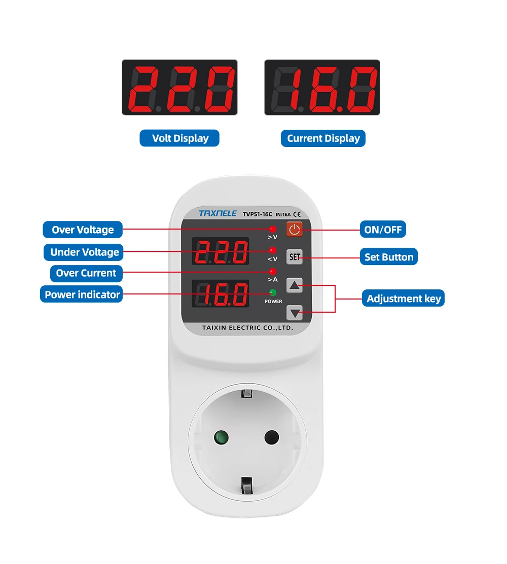 Sobre Corrente De Tensão Sob Tensão Protetor Soquete AC 220V 110V Ajustável 16A Surge Protector EU Plug Socket Safe Protect