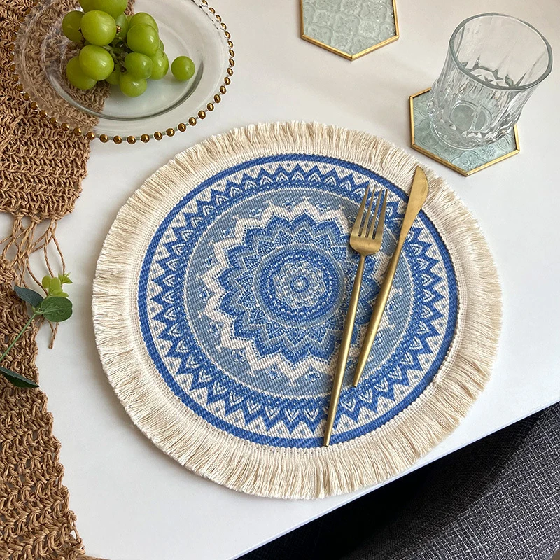 Round Placemat/charger handmade macrame natural/white cotton cord with  fringe - Spouse-ly