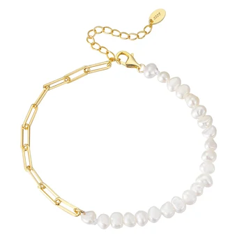 RINNTIN GPB01 925 Silver Pearl Bracelet Half Natural Baroque Freshwater Pearls Beads Half Chain Gold Plated Bracelets for Women