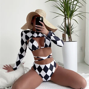 Black and White Plaid Long Sleeve 3 Piece Swimsuit Sexy Women