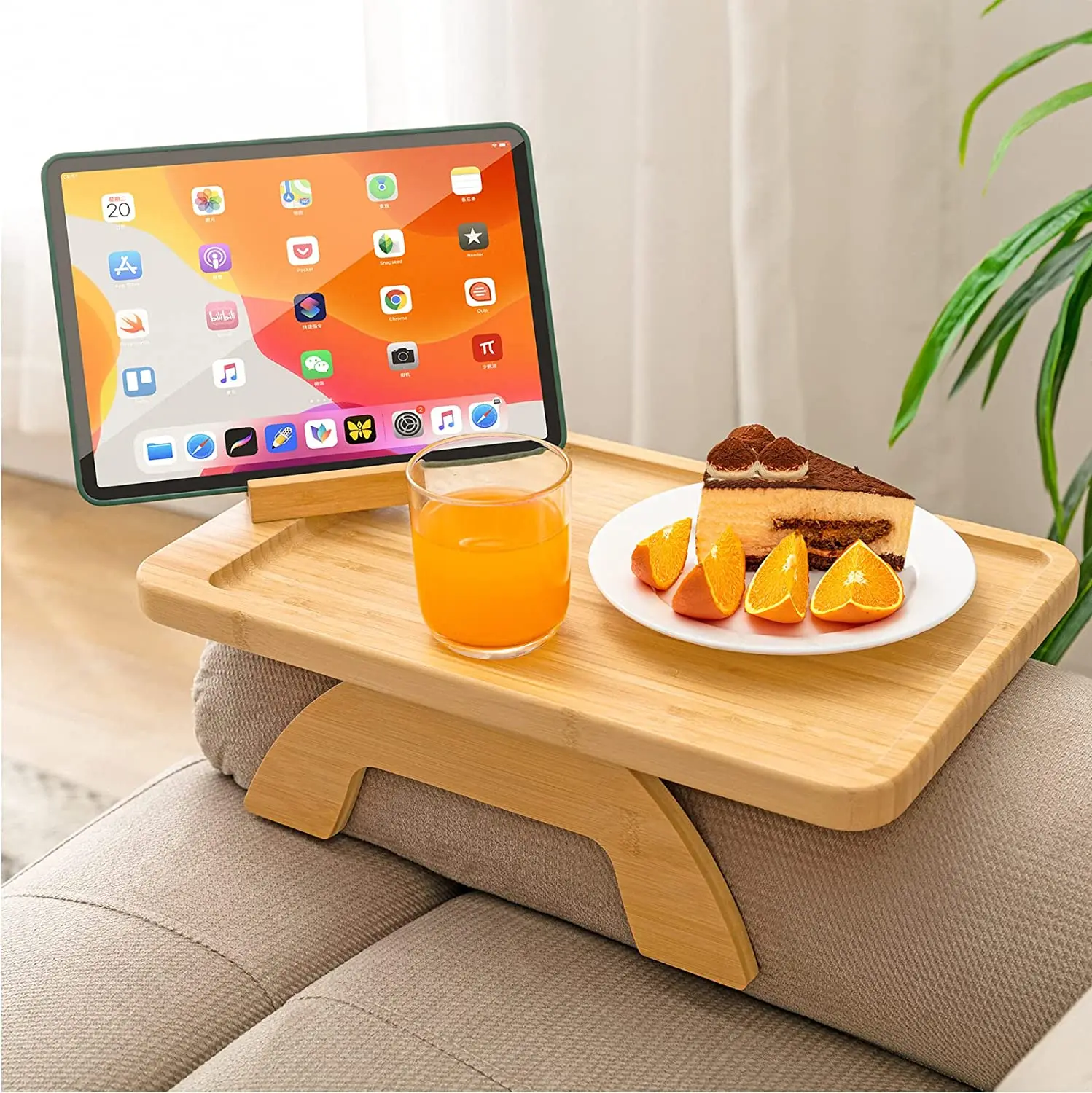 Side Table Foldable Couch Tray with 360 Degrees Rotating Phone Table for Eating Drinks Snacks Bamboo Sofa Tray Table Clip