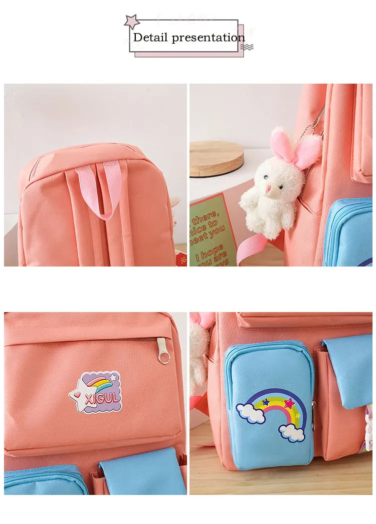 Fashion high quality school   bag five piece backpack set school bag girls schoolbags lovely college style BACKPACK SET