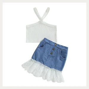 Customized Summer Kids Girls Dresses Sets Pit Cotton Solid Color Halter Top Denim Skirt Two Pieces Clothing Set