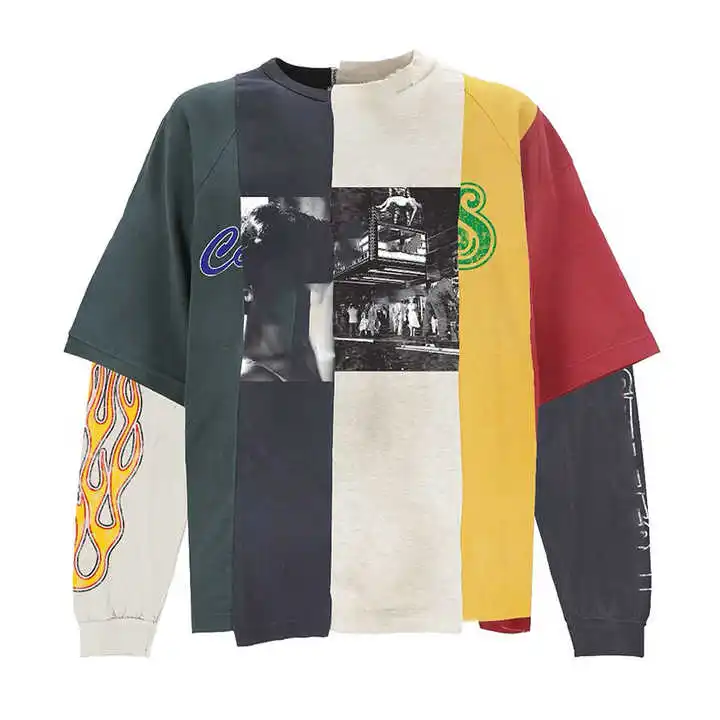 Salati Custom Streetwear Splicing Panel Multi Color Graphic Print Thermal Shirts Acid Wash Double Layer Long Sleeve Men's T-shir