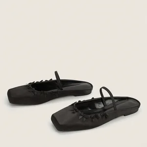 BUSY GIRL CXX172 Elegant Black Single Strap Mules for Women with Mini Bow Satin White Ballet Flat Sandals for  Ladies Summer