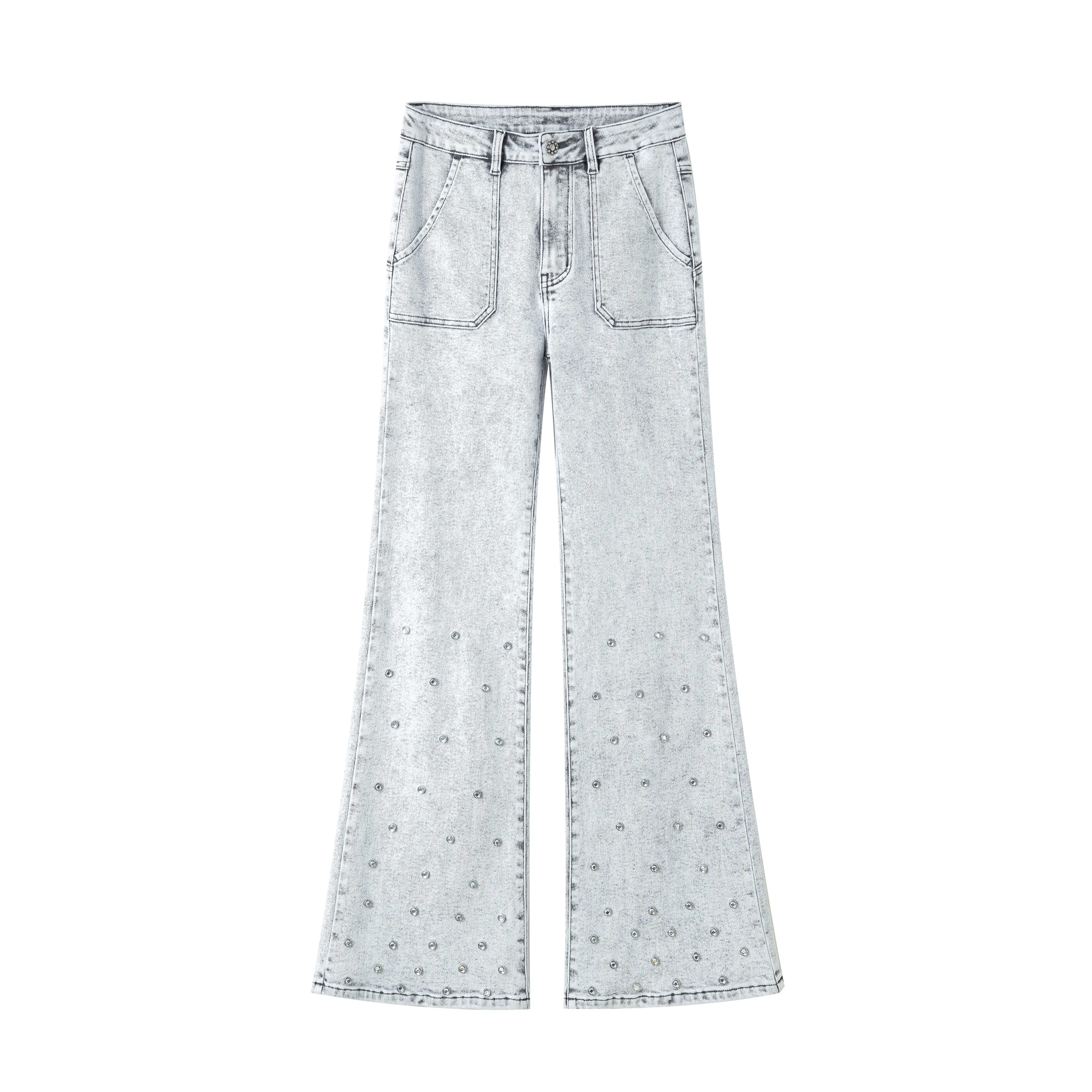 Manufacturer Washed Rivet Beading Rhinestone Embroidery Flare Jeans Denim Pants Wide Leg Denim Jeans Women's Pants Women Jeans