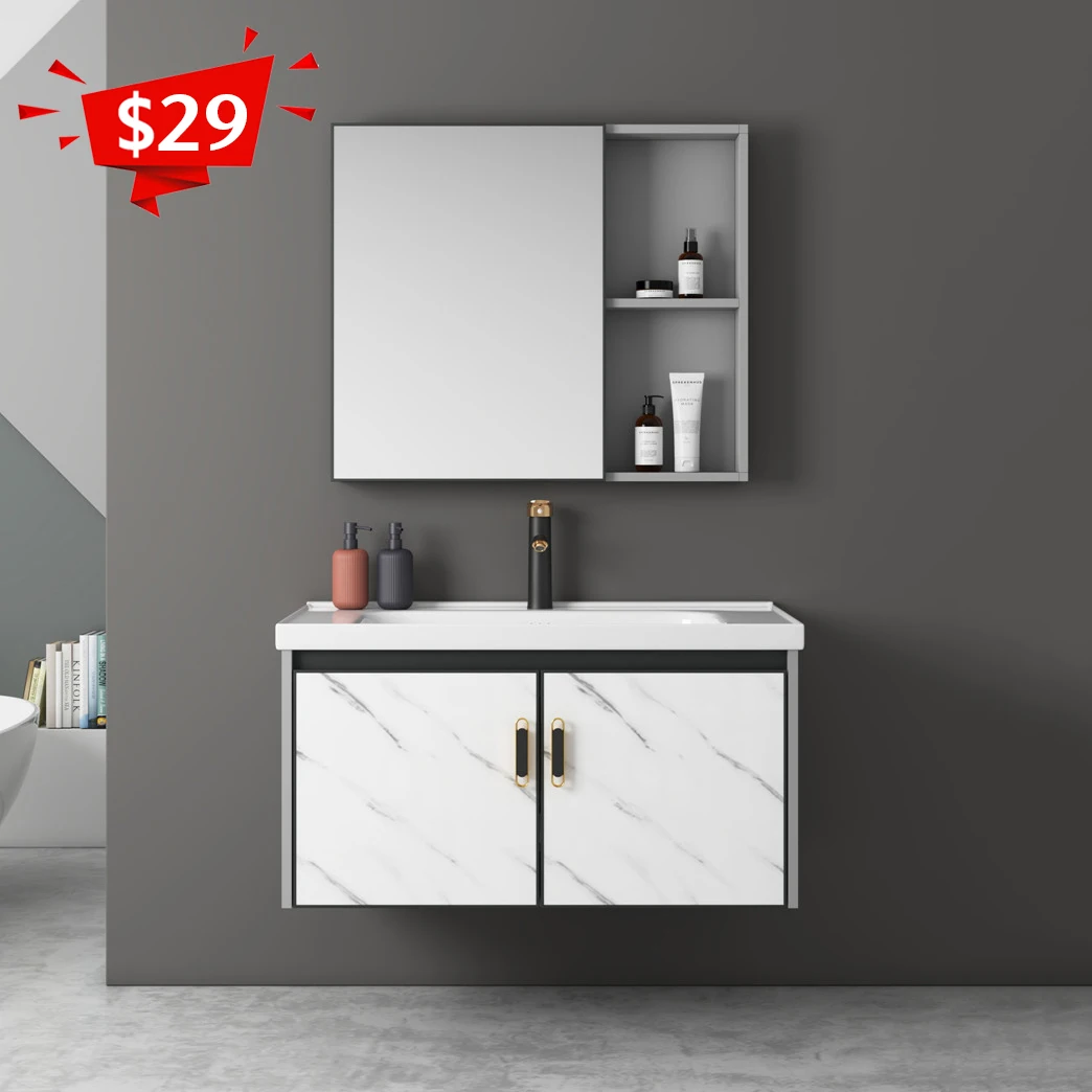 Marble design wholesale cheap modern aluminium floating wall mounted single sink vanity bathroom cabinet