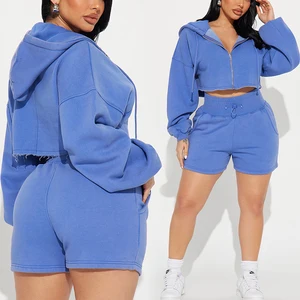 Huilil Custom Vintage Acid Washed Zip Raw Hem Crop Top Hoodie Shorts Women Two Piece Set Heavyweight 100% Cotton Terry Front