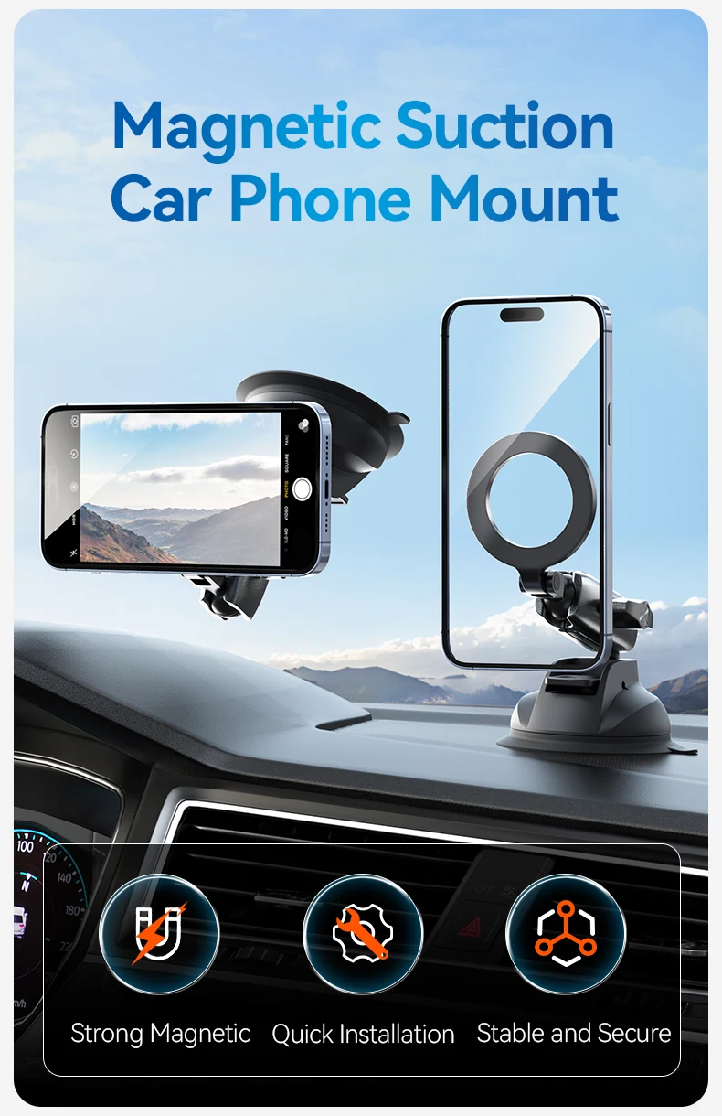 TELESIN  Suction Cup Magnetic Holder Mount for Cellphone with Aluminum Nylon Material for Car Glass