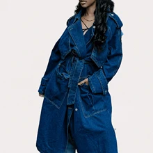 Washed Retro Women's Denim Trench Contrast Stitching Denim Coat Removable Waist Belt Relaxed Winter Long Coat