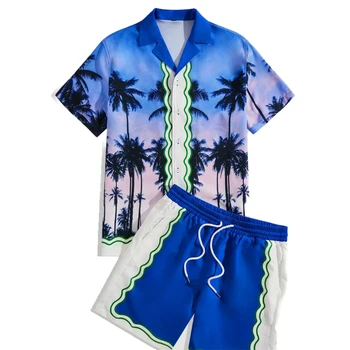 Hawaii Shirt Polo Shirt Men's Two Piece Printed Lapel Short Sleeve Casual Drawstring Beach Shorts Coconut Tree Printed