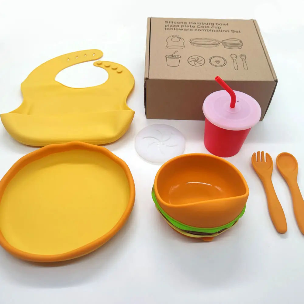 Baby Dinnerware Feeding Set Dish Set Toddler Pizza Plate Hamburg Bowl Cup Spoon Fork Bib Tableware Set