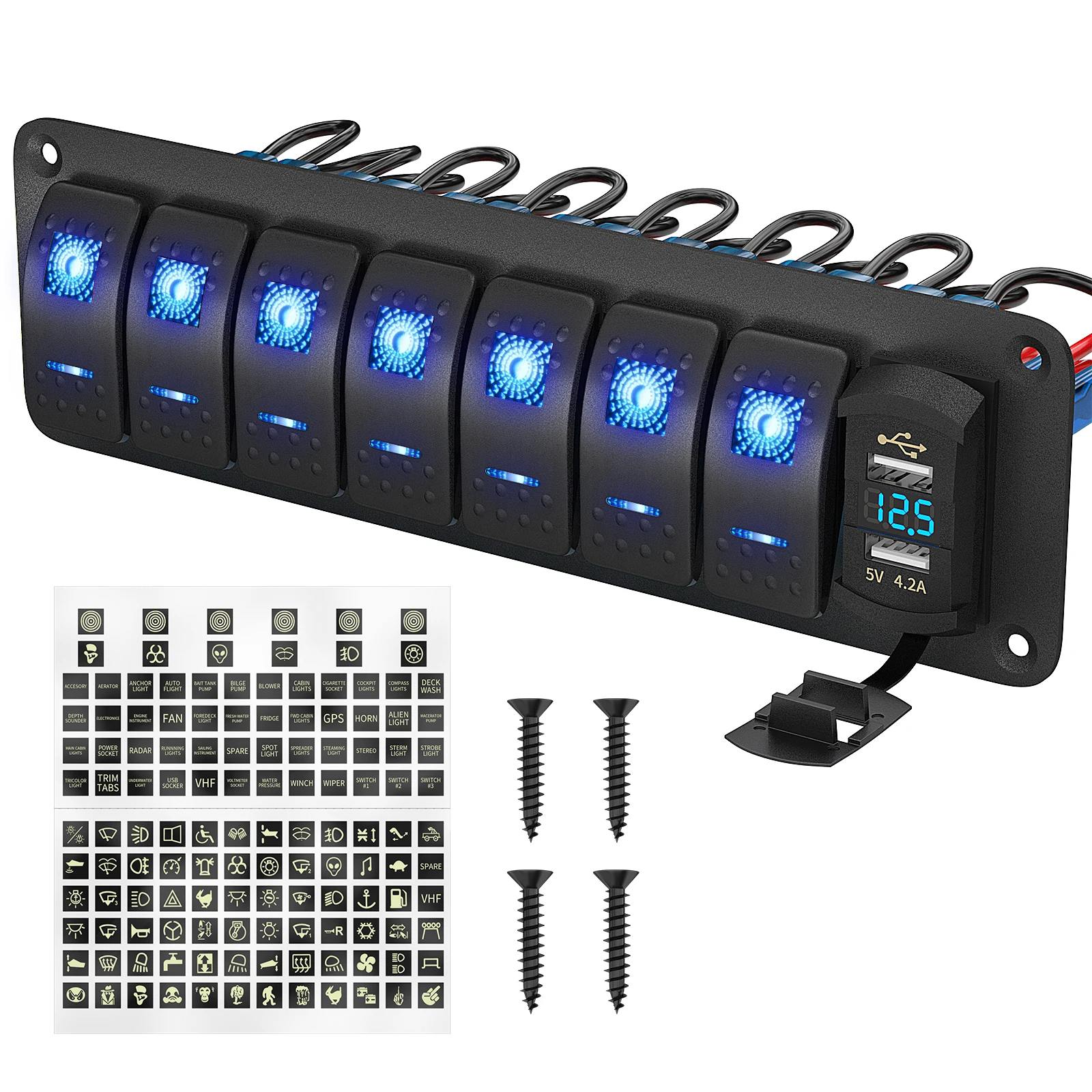 Customized Waterproof 12V Car Boat Rocker Toggle Switch 4 Gang 6 Gang Blue LED Light Push Button Boat Control Panel Switch Panel - 34