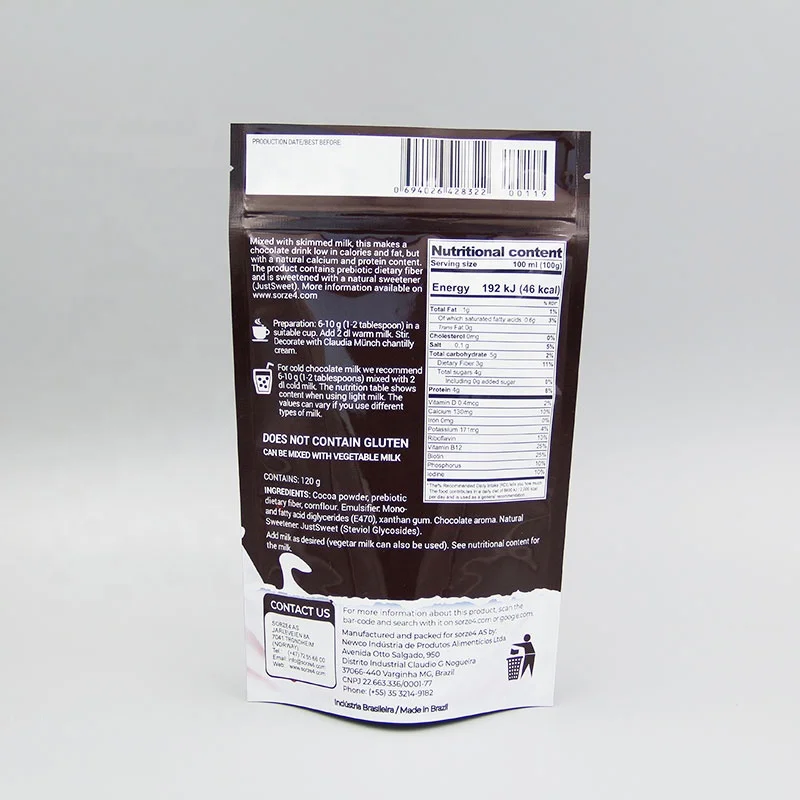 Packing Label Customized Doypack Dark milka 750gr Chocolates and Sweets Powder Biscuits Mylar Bag