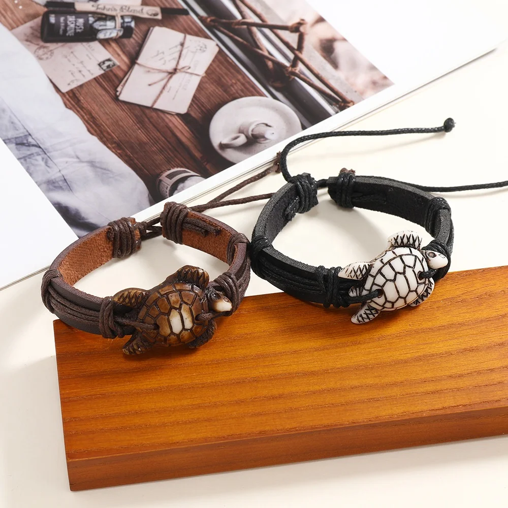 2 Vintage Handmade Braided Leather Turtle Bracelets - Adjustable Unisex Sea Creature Bracelet Set - View #9