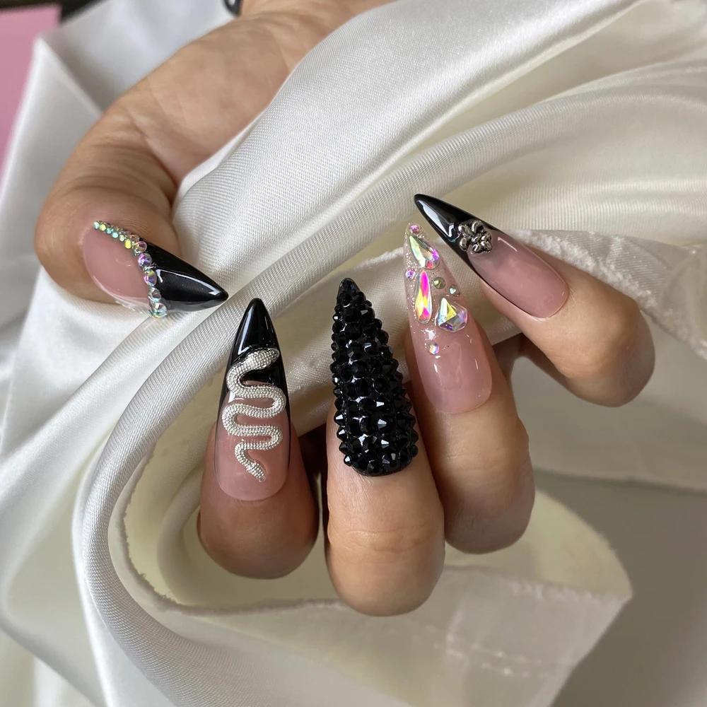 Hand Crafted Thick Acrylic Nails with Sexy Rhinestones Luxurious Custom Designed Wholesale 100% Handmade Extra Long Nails