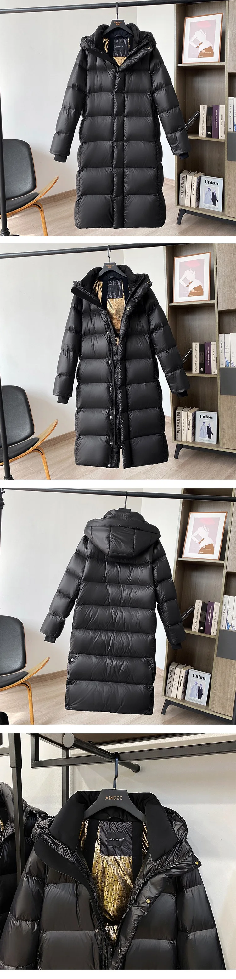 Janveny 2023 New Winter Luxury Black Gold Puffer Jacket Women Men