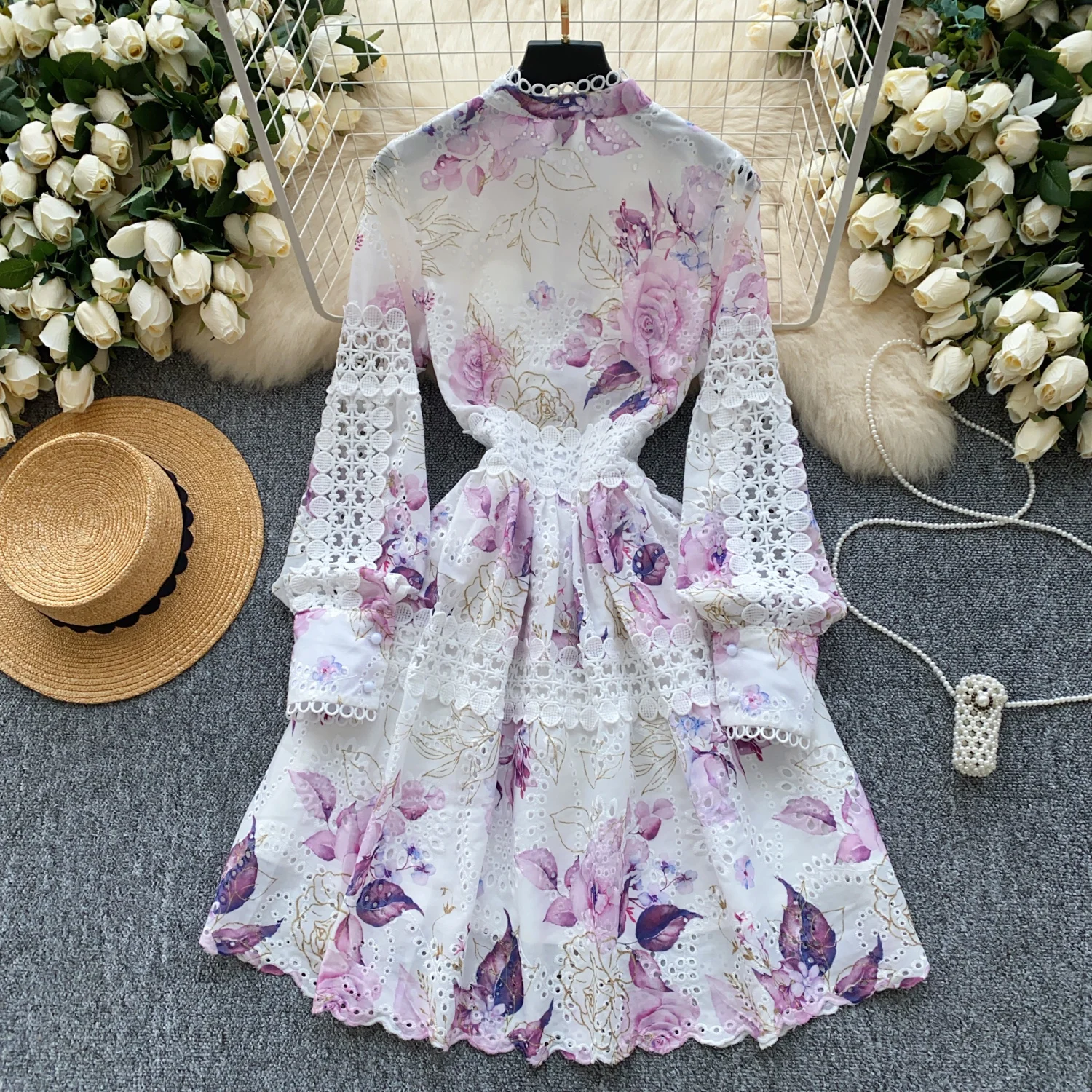 Elegant Cutout Hook Embroidery Spell Receive Waist Print Dress