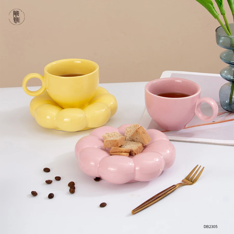Nordic Ins Custom Macaron Breakfast Porcelain Coffee Mug Sunflower Coffee Ceramic Cup and Saucer