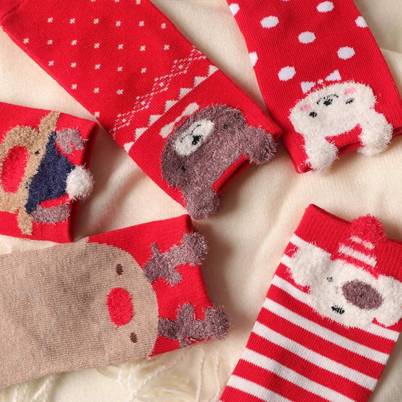 Зимние новые рождественские носки, подарочные носки, детские милые модные пушистые носки до щиколотки с красным мультяшным оленем