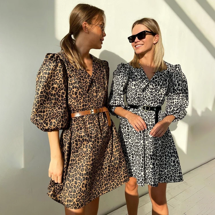 Button-Up Printed Summer Casual Dresses Puff Sleeve Short Leopard Dress For  Women