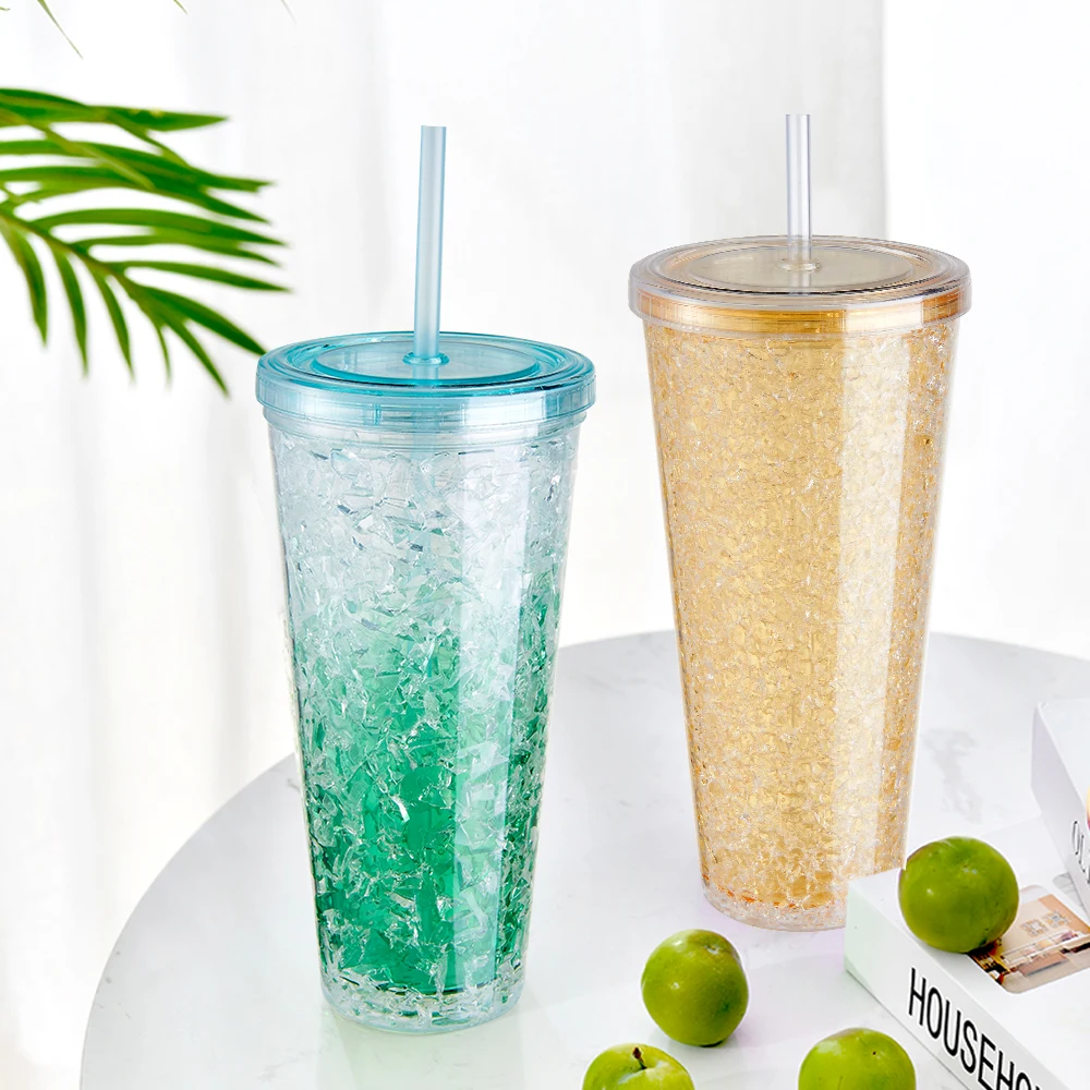 Многоразовые 21 унция/600 мл пластиковые чашки для ледяного геля с крышкой из соломы и прозрачной акриловой кружкой