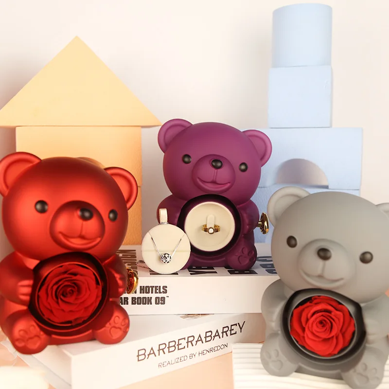 Custom Teddy Bear Gift Rotating Flower Preserved Rose in Acrylic Cute Bear Jewelry Boxes for Necklace Ring