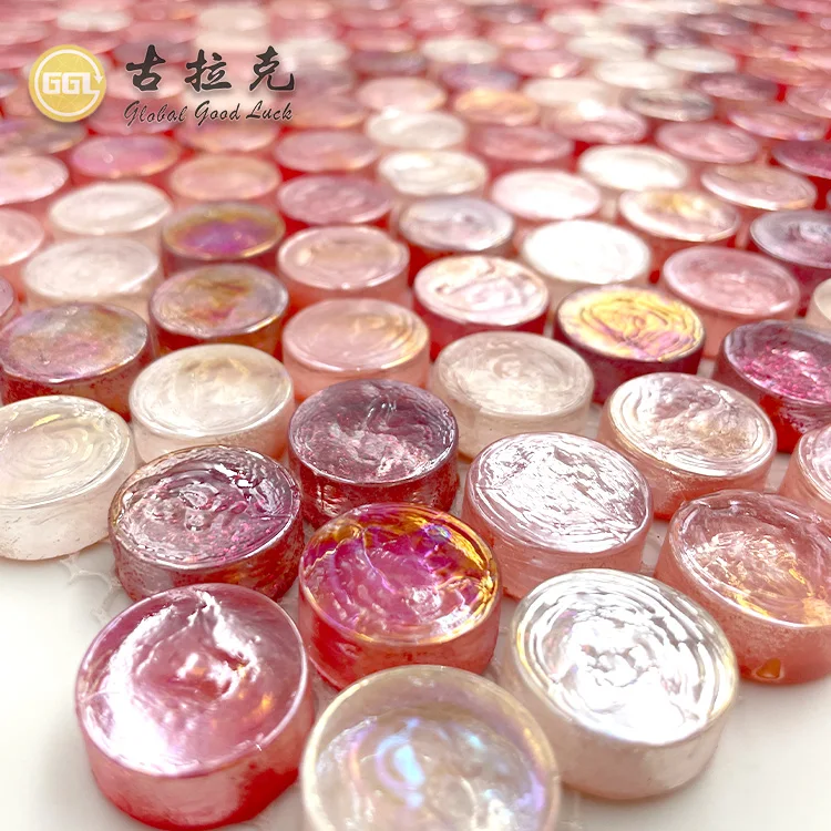 New Round Iridescent Glossy Crystal Glass Tile Pink Color Glass Mosaic Tile Building Material for Wall Pool Decor