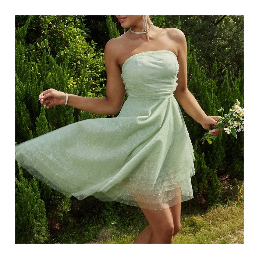Sexy Hot Solid Color Strapless Dress Boob Tube Top Party Evening  High-Waisted Short Dresses