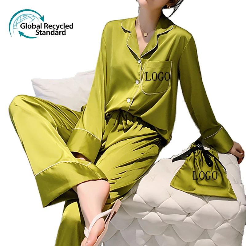 Plus Size Pajamas Two Piece Pyjamas Sets Customized Solid Green Long Silk Satin Pajamas