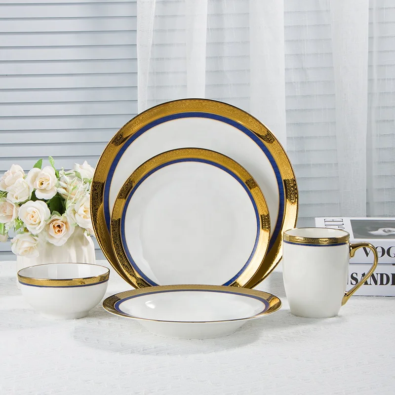 Royal Gold Rim Dinner Set Luxury White Gold Edge Porcelain Plates Cups Set  Wedding Banquet Ceramic Dinnerware Set With Gold Trim