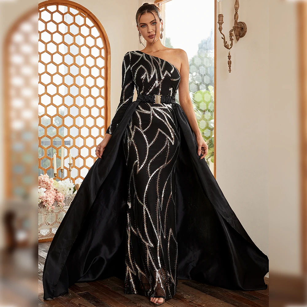 Alibaba.com: Missord Contrast Sequin One Shoulder Mermaid Hem Formal Dress  With Skirt One Hand Evening Dresses