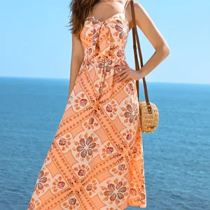 2023 Custom Brand New Lady Bohemian Sleeveless Stitching Print Maxi Elegant Party Midi Beach Washable Women's Dress Empire