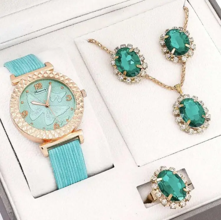 New PU Woman Watch Set Colorful Drop Pendants Earrings Bangle Jewelry Set for Women CD125