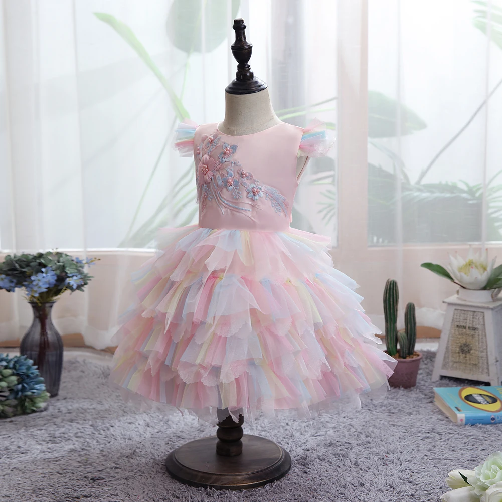 Korean Style Fluffy Lovely Flower Kids Girl Dress Colorful Baby Girl Birthday Dresses for 1 Years Old pink Girls Tutu Dress