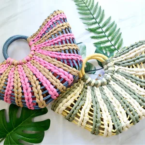 custom logo Color Block Latest Summer Beach Tote Bags Women Designer Straw Bags with  Lining