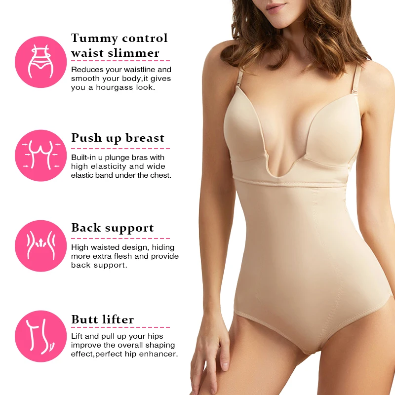Halft Back Body Shaper with Built-in Bra Shapewear One Pieces Breathable Body Shaper Deep V-Neck Bodysuit