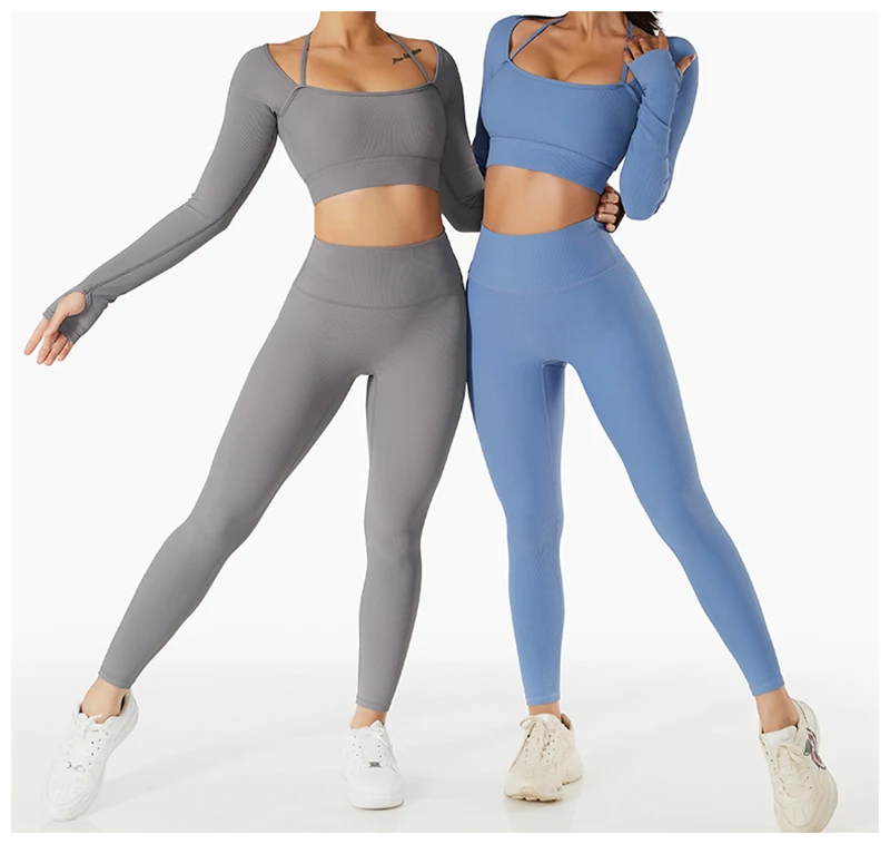 Yoga Outfit Ribbed Seamless Yoga Set Wholesale Sportswear Fitness Wear Seamless Leggings And One Shoulder Sports Bra Set