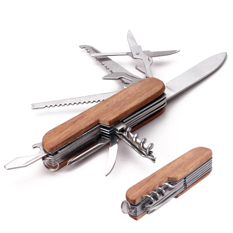 Wholesale Small Folding Pocket Knife 11 in 1 Multifunctional Wood for Swiss Knife with Stainless Steel Blade OEM Customizable