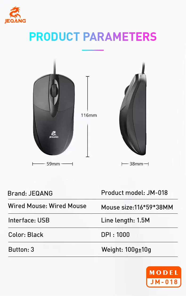 Jeqang Ergonomic Design Wired Optical Mini Office Mouse 3D Business Style Black USB Interface Gaming Stock PC Laptops Desktops