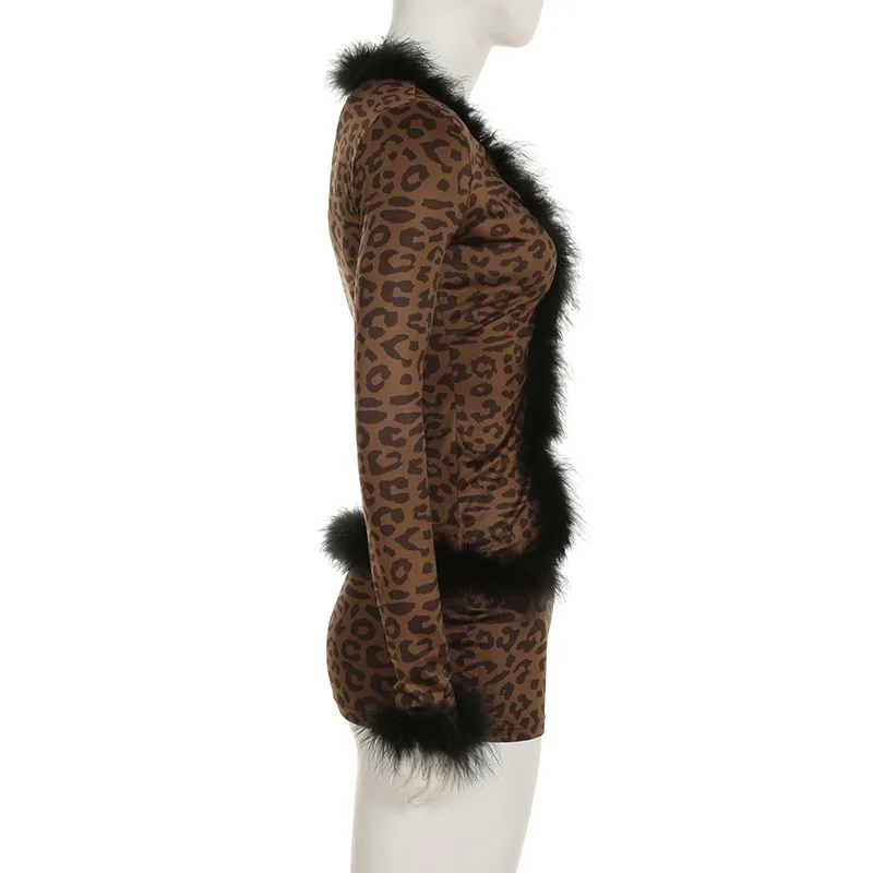Leopard Fashion Furry Patchwork Cheetah Print Cardigan Long Sleeve Crop Top Mini Skirt