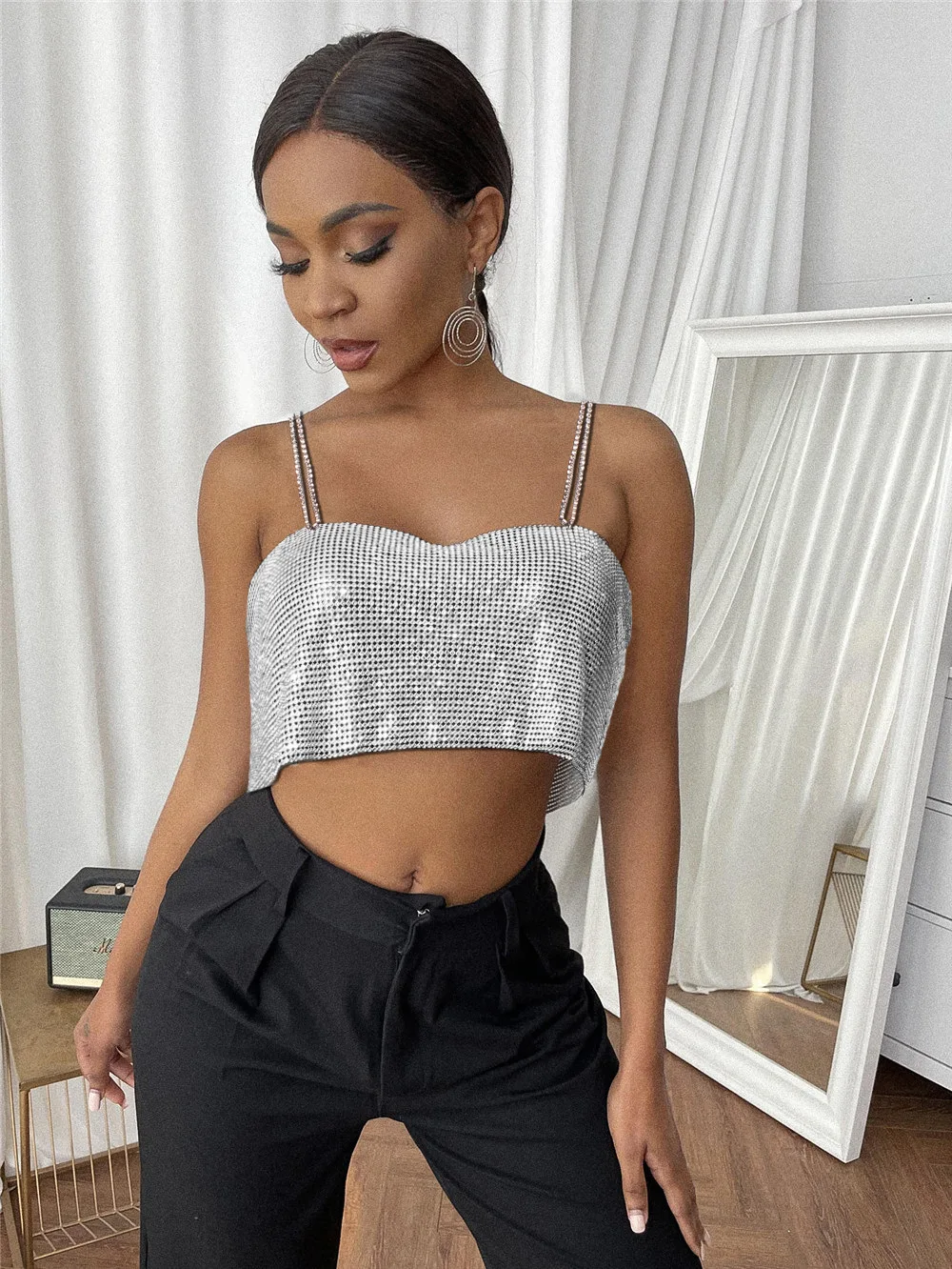Bling Rhinestones Party Crop Top 2022 Fashion Solid Backless
