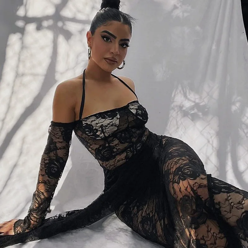 European Style Mesh Design Long Sleeve Black Dress Set 2022 Sexy Girl off Shoulder Tight Waist See Through Lace Dresses