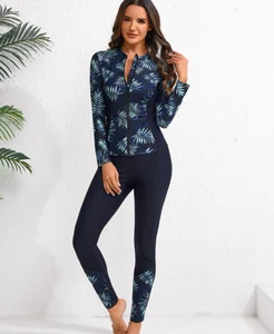 STOCK 4Colors Print Women Two Pieces Swimsuit Zipper up Long Sleeve Rash Guard and Legging Set Plus Size Bathing Suits S-2XL