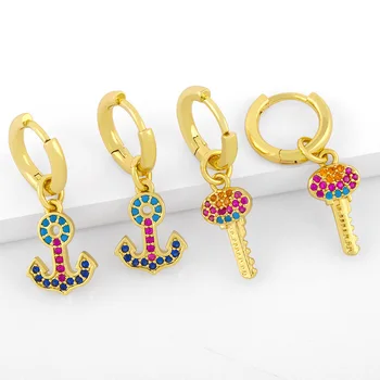 ER-610 Women Fashion Gold Plated Drop Dangle Earrings 18k Gold Plated Key And Anchor Shape Rainbow Cuff Earrings