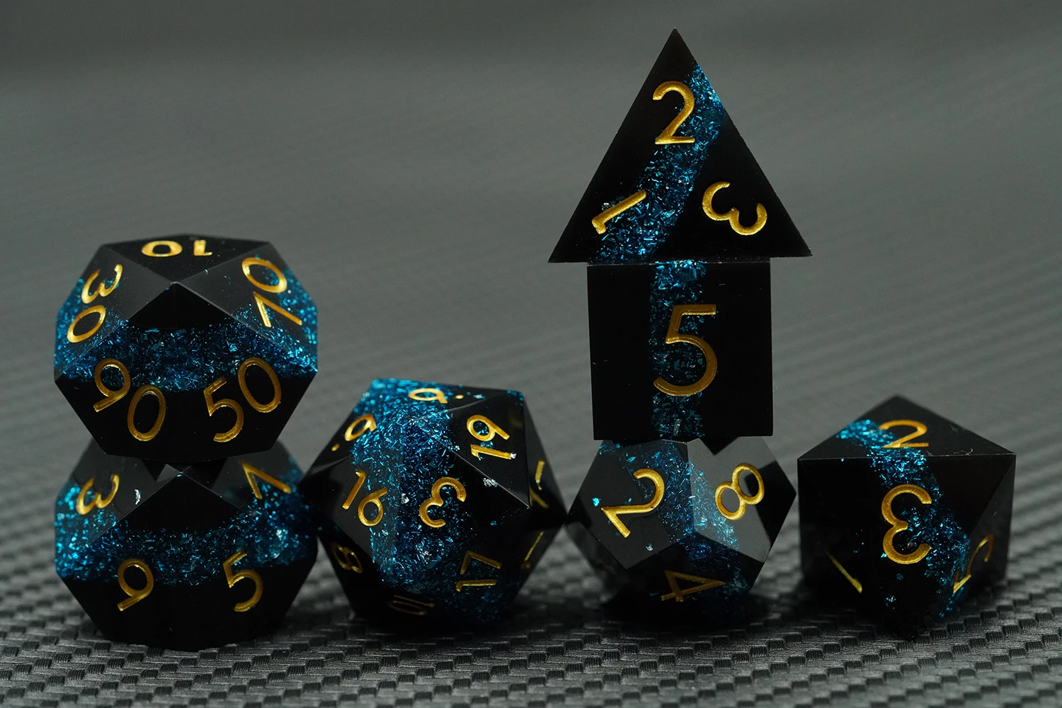 High Quality Blue Black Striped Resin Dice Set Polyhedral Shape Custom Wholesale Factory for Dungeons Dragons RPG Gold Number details