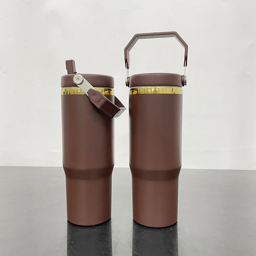 RTS Gold Plated Chocolate 30oz Flip Straw Tumbler With Handle for