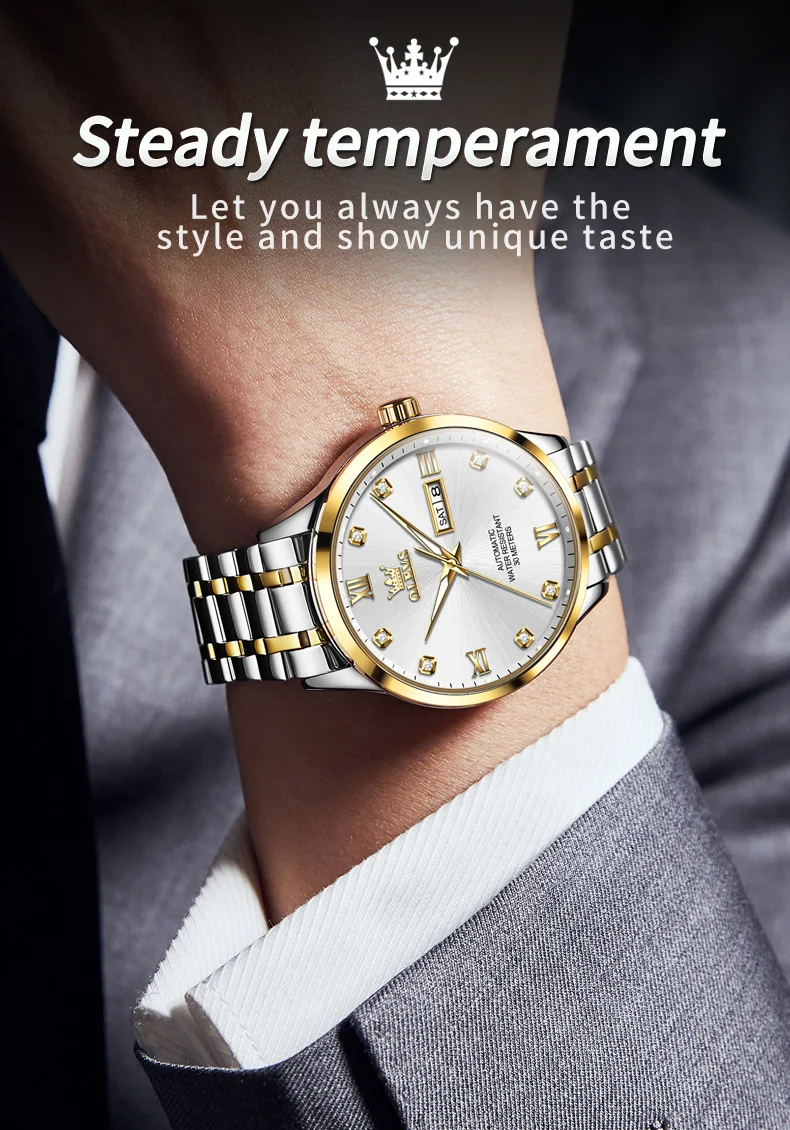 OLEVS 9946 Classic Stainless Steel Material Automatic Movement Dual Calendar Diamond Gold Dial Mechanical for Men Luminous Watch
