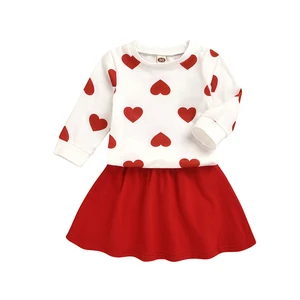 OEM Customized Long Sleeve T-shirt  Skirt Suit for Girl Red Cotton Two Piece Kids Clothing Set for 2-14 Years